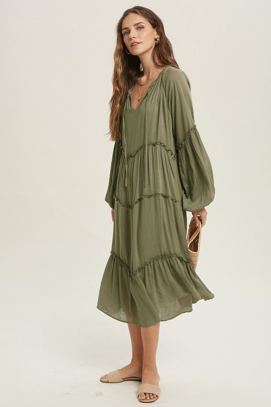Balloon Sleeve Lined Midi Dress with Ruffle Detail