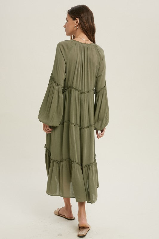 Balloon Sleeve Lined Midi Dress with Ruffle Detail