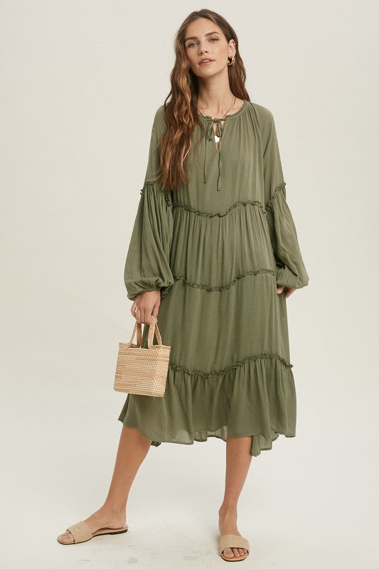 Balloon Sleeve Lined Midi Dress with Ruffle Detail