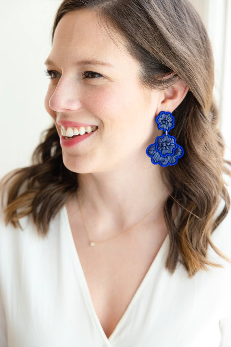 Navy Blue Raffia Flower Earrings
