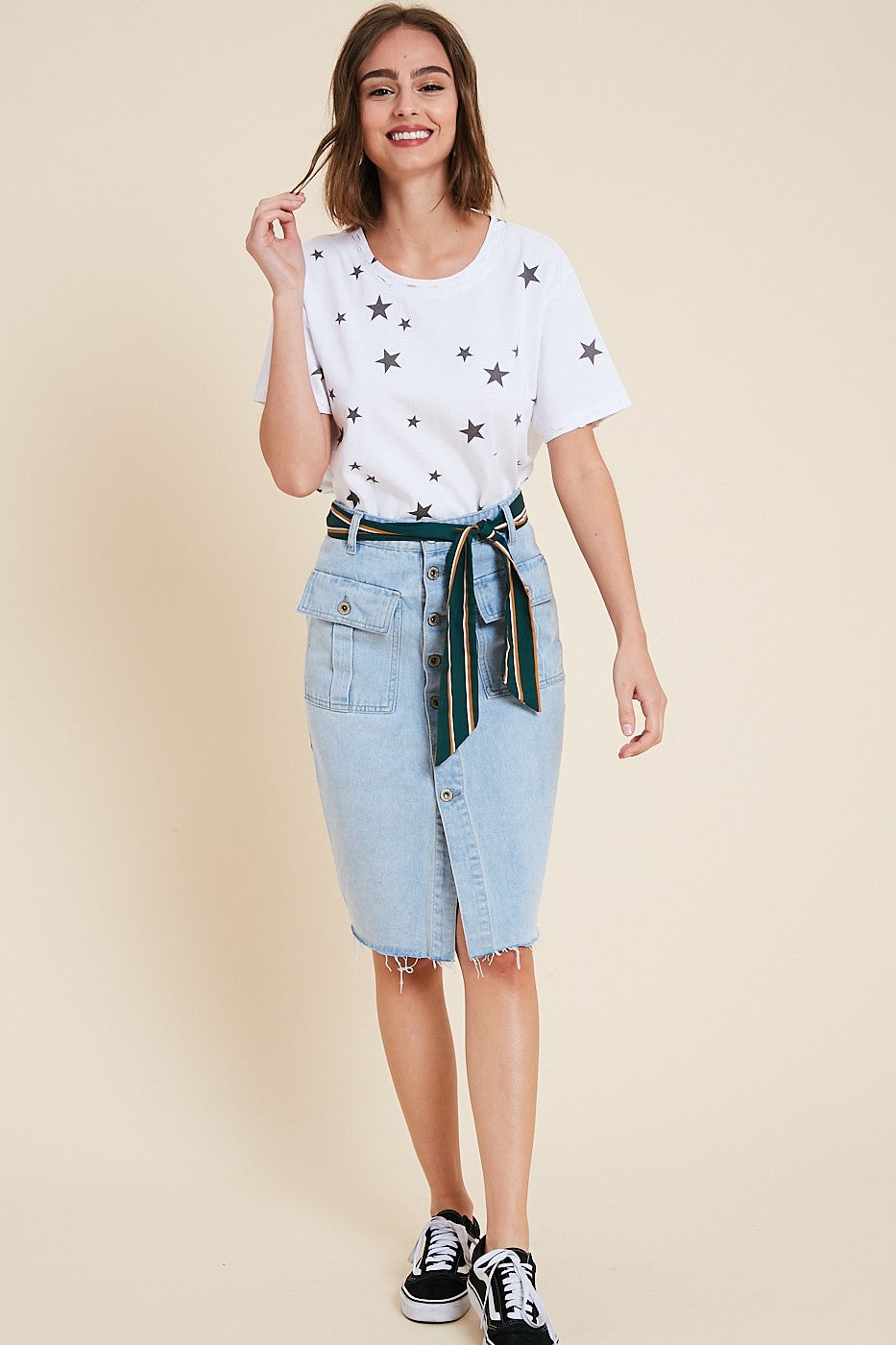 Distressed Hem Detail Star T-Shirt