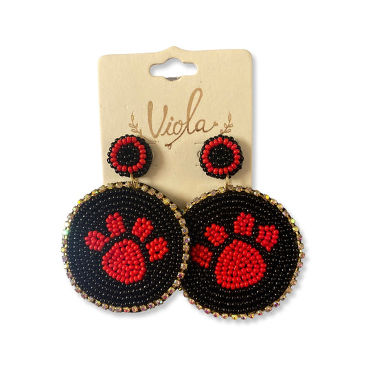 Black and Red Round Dog Paw Earrings