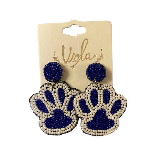 Blue and White Beaded Paw Earrings