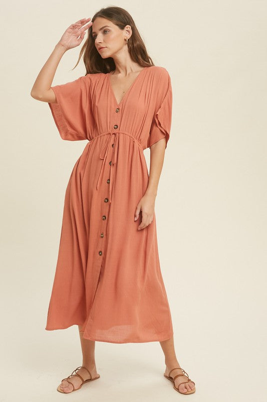 Button Up Midi Lace Dress with Drawstring