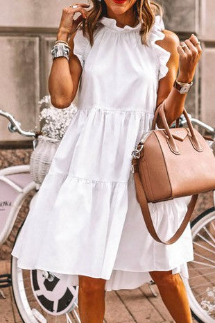 Sleeveless Ruffle Detail Shirring Tiered Dress