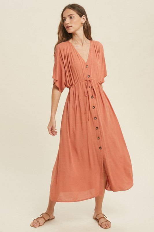 Button Up Midi Lace Dress with Drawstring