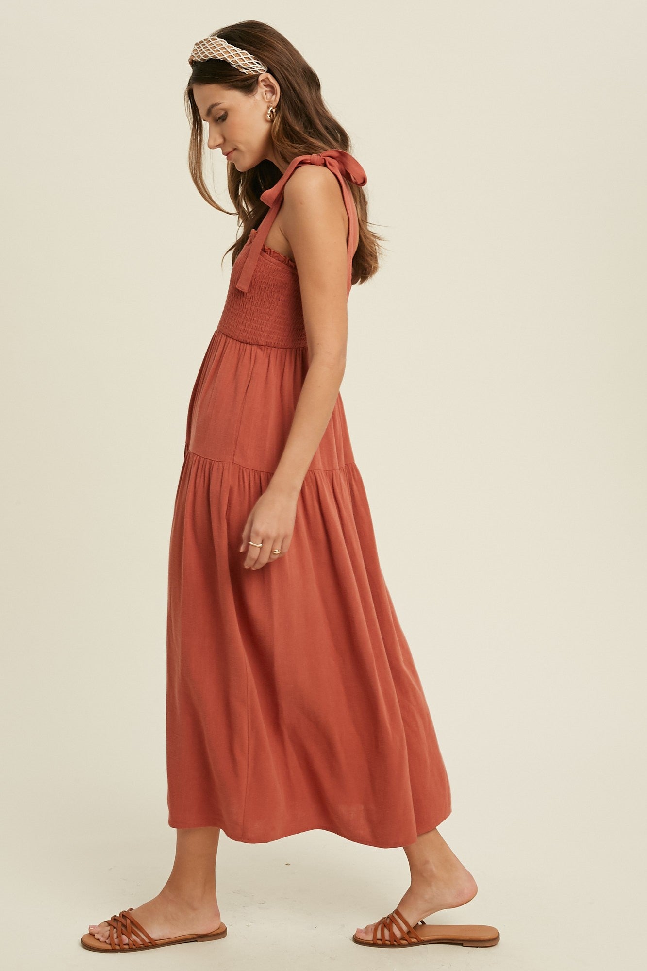 Shoulder Tie Smocked Lined Tiered Midi Dress