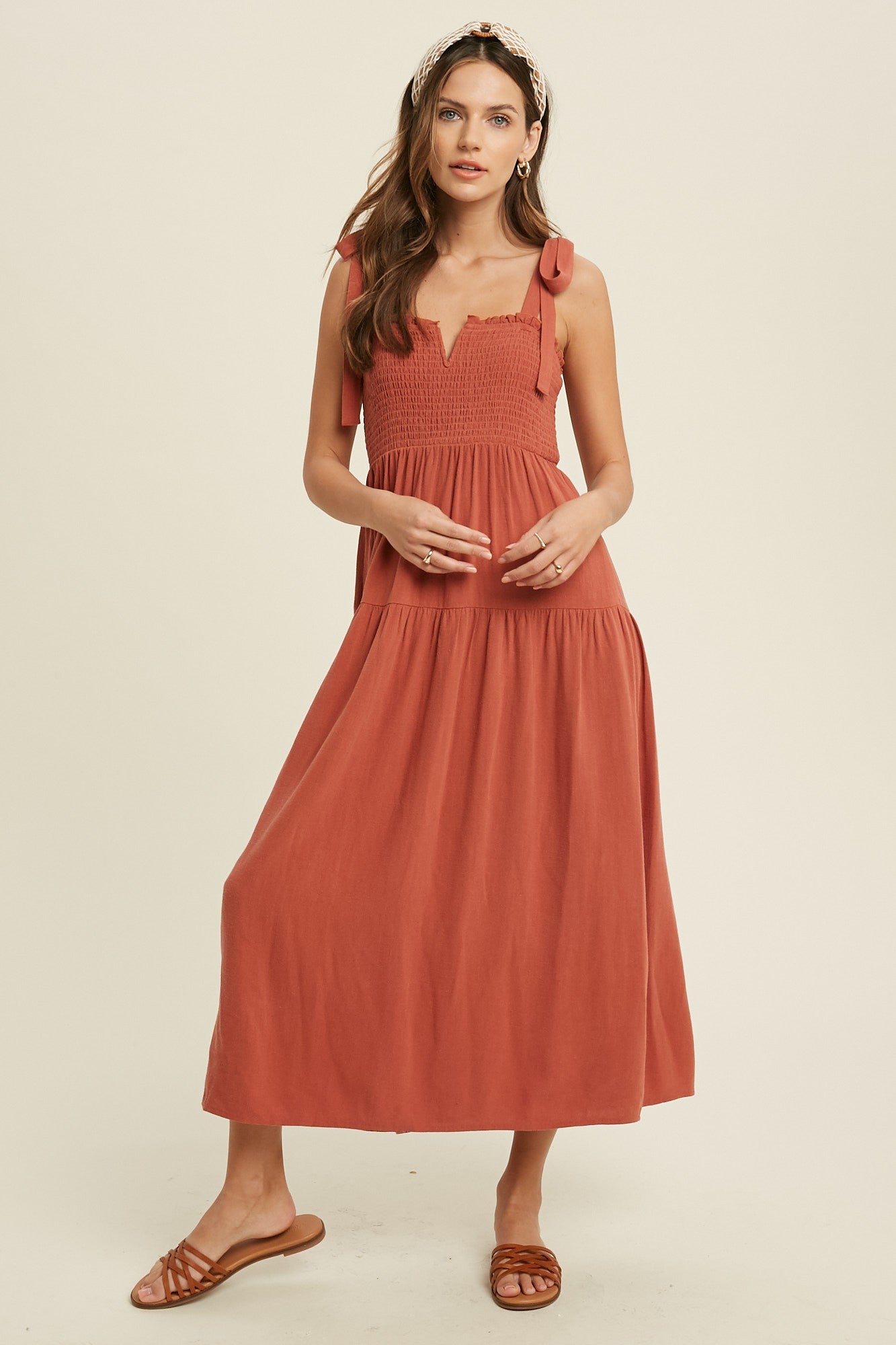 Shoulder Tie Smocked Lined Tiered Midi Dress