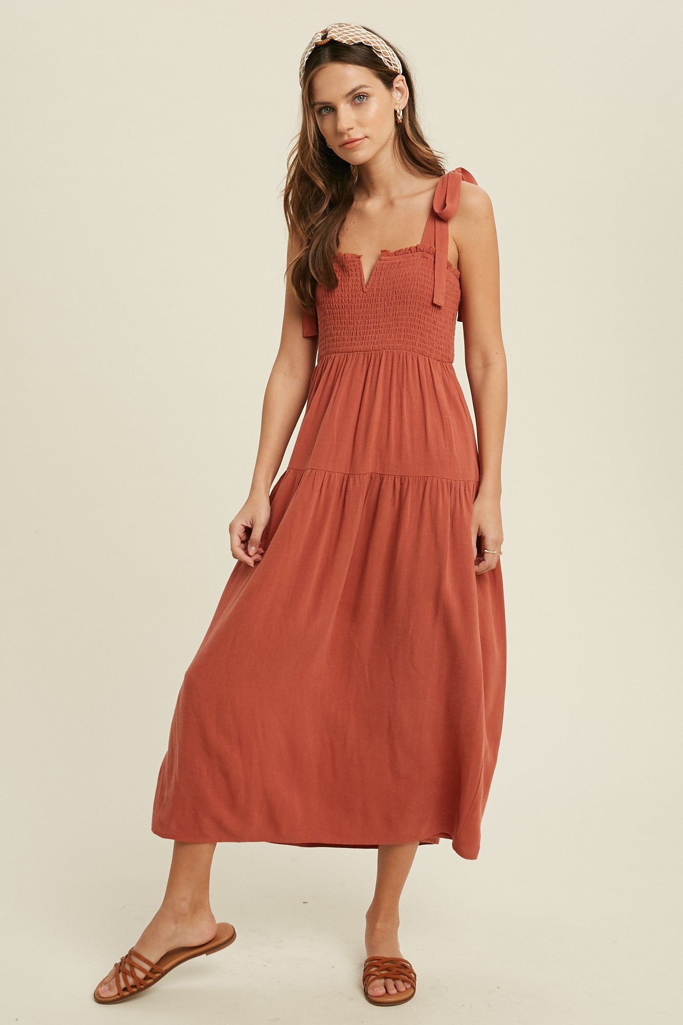 Shoulder Tie Smocked Lined Tiered Midi Dress