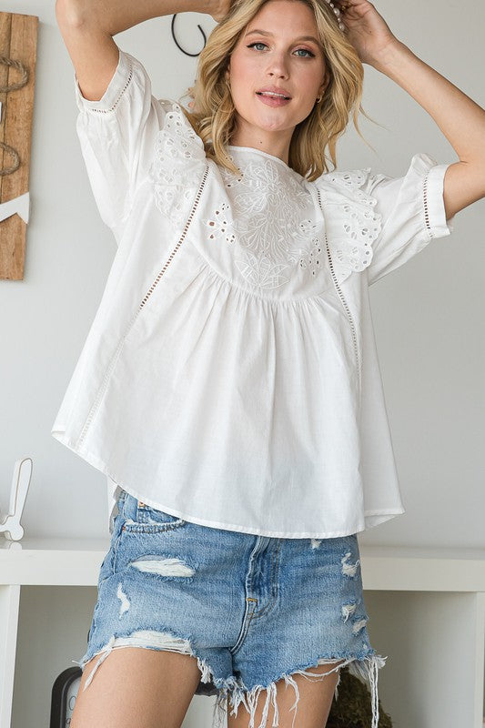 Round Neck Embroidery Poplin Top