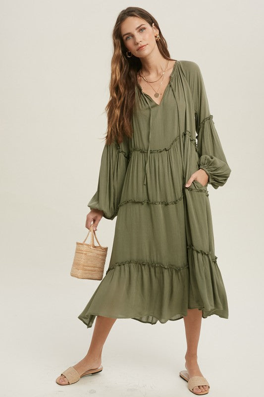 Balloon Sleeve Lined Midi Dress with Ruffle Detail