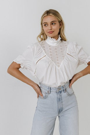 Lace Yoke Short Puffy Sleeve Top