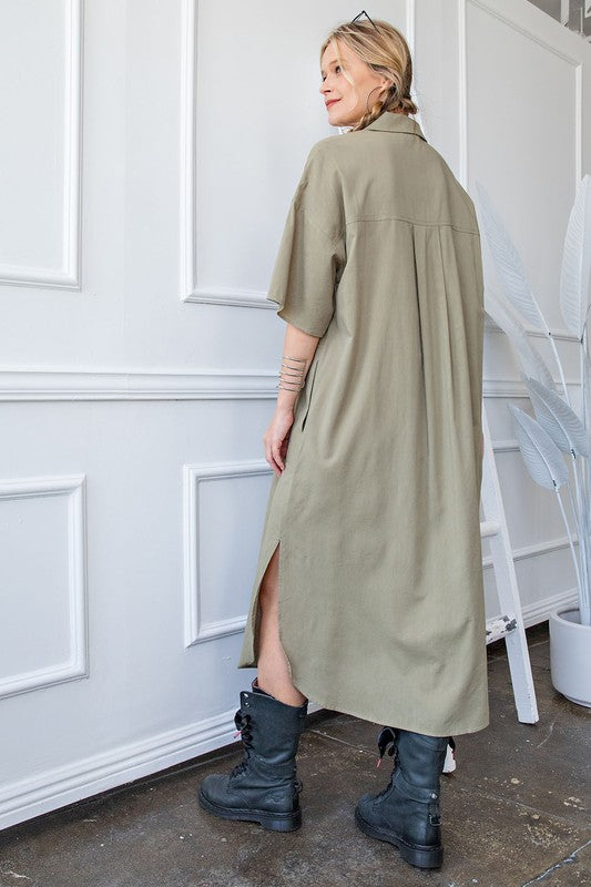 Cotton Linen Button Down Shirt Dress