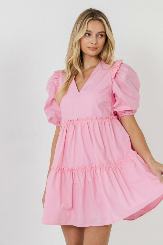 V-Line Puff Sleeve Mini Dress