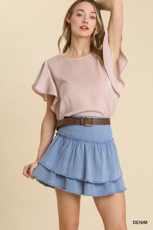 Snow Washed Elastic Waist Ruffle Skirt