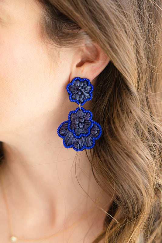 Navy Blue Raffia Flower Earrings