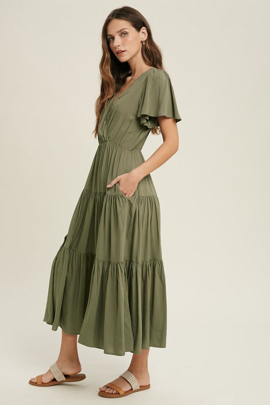 Surplice Flutter Sleeve Tiered Midi Dress