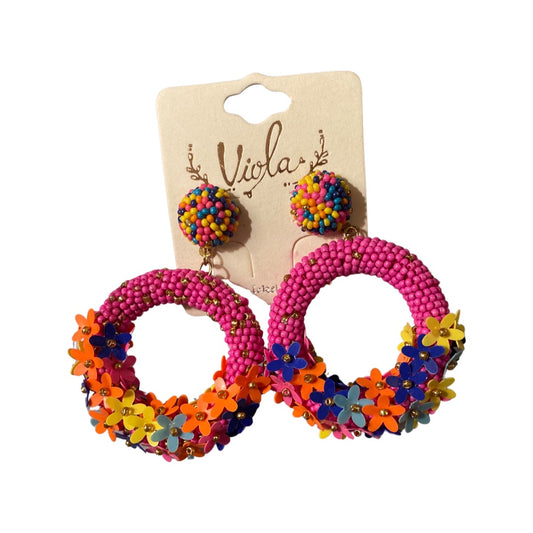 Pink Bead and Multicolor Flower Earrings