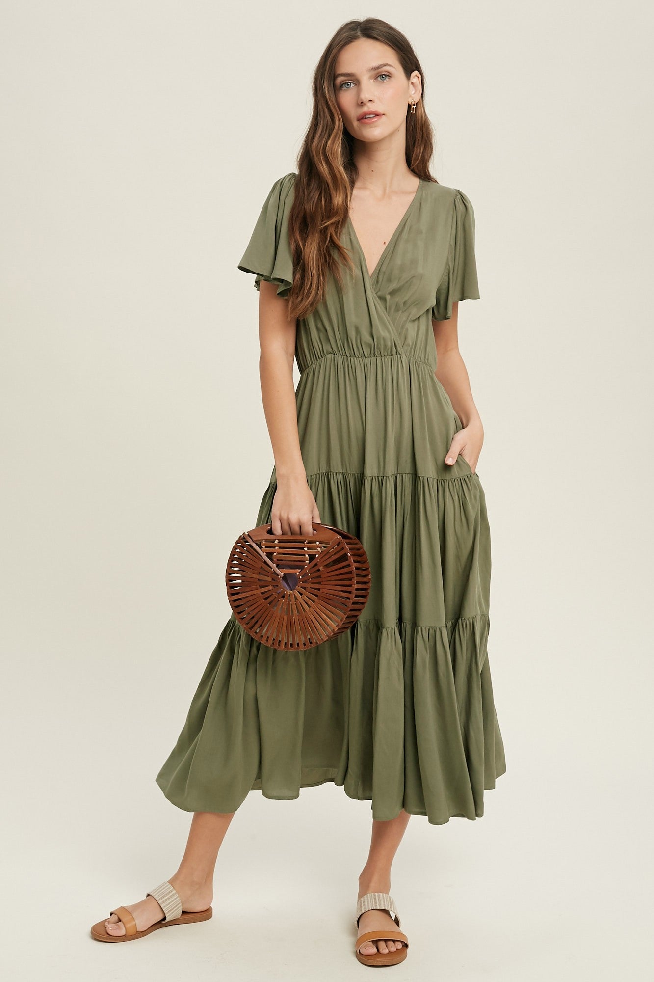 Surplice Flutter Sleeve Tiered Midi Dress