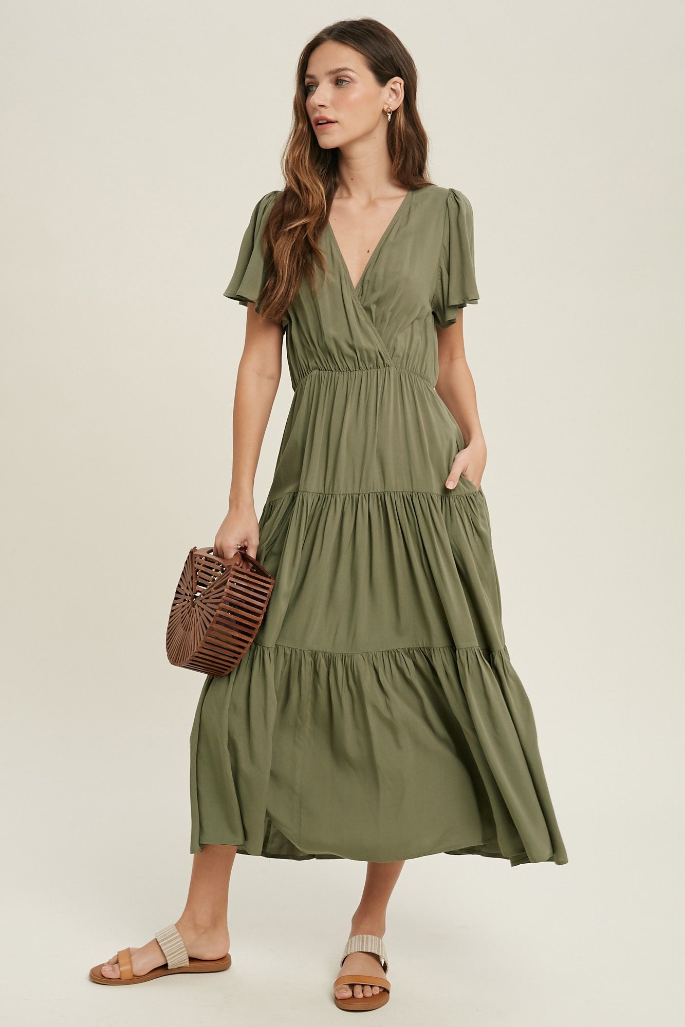 Surplice Flutter Sleeve Tiered Midi Dress