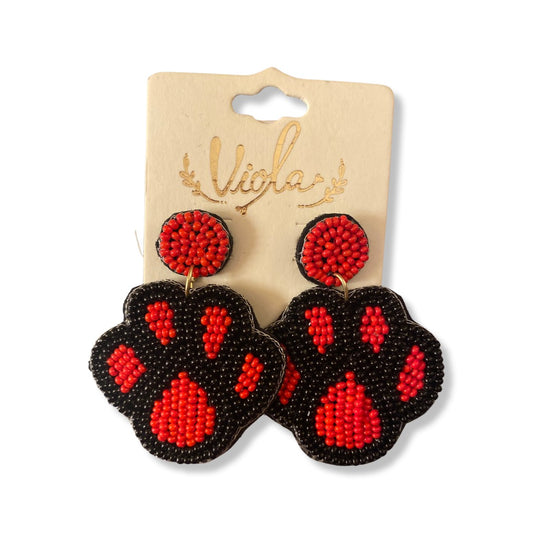 Red and Black Beaded Dog Paw Earrings