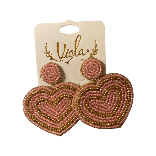 Pink and Gold Beaded Heart Earrings