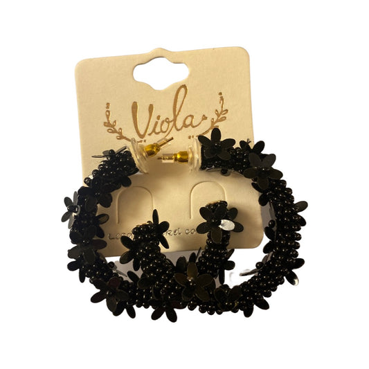 Black Beaded Flower Hoop Earrings