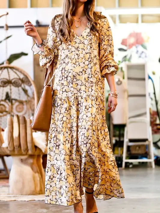 Ruffle Neck & Sleeve Flower Printed Maxi Dress