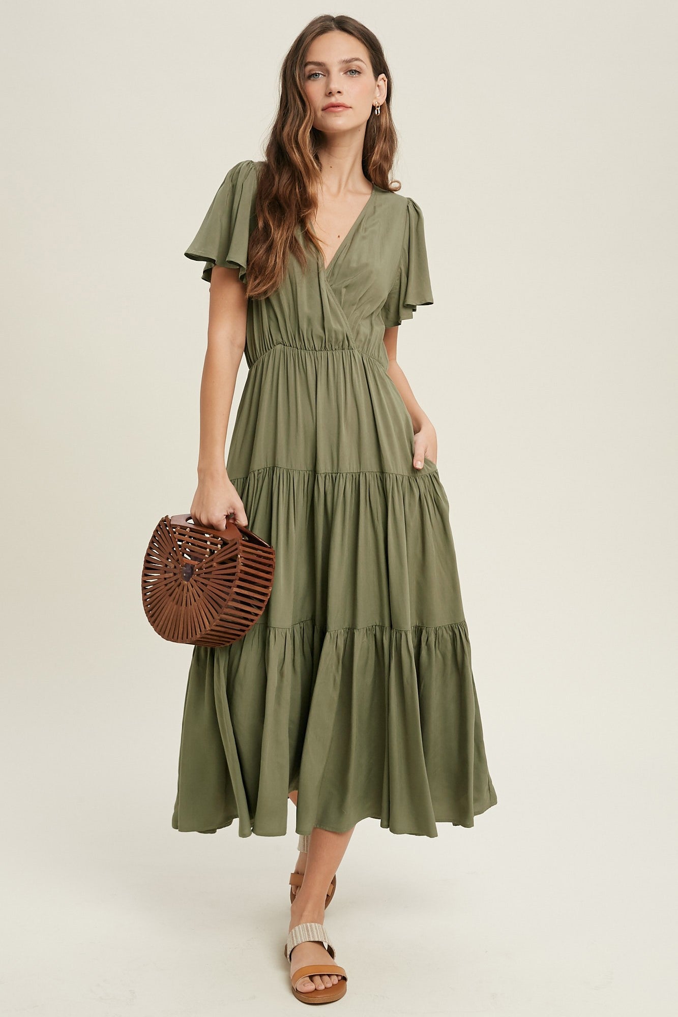 Surplice Flutter Sleeve Tiered Midi Dress