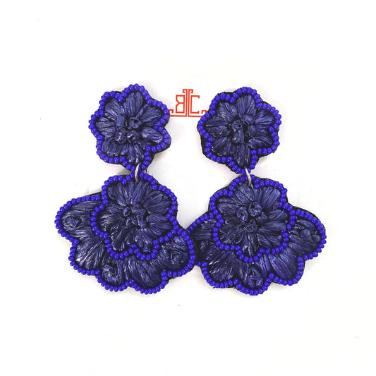 Navy Blue Raffia Flower Earrings